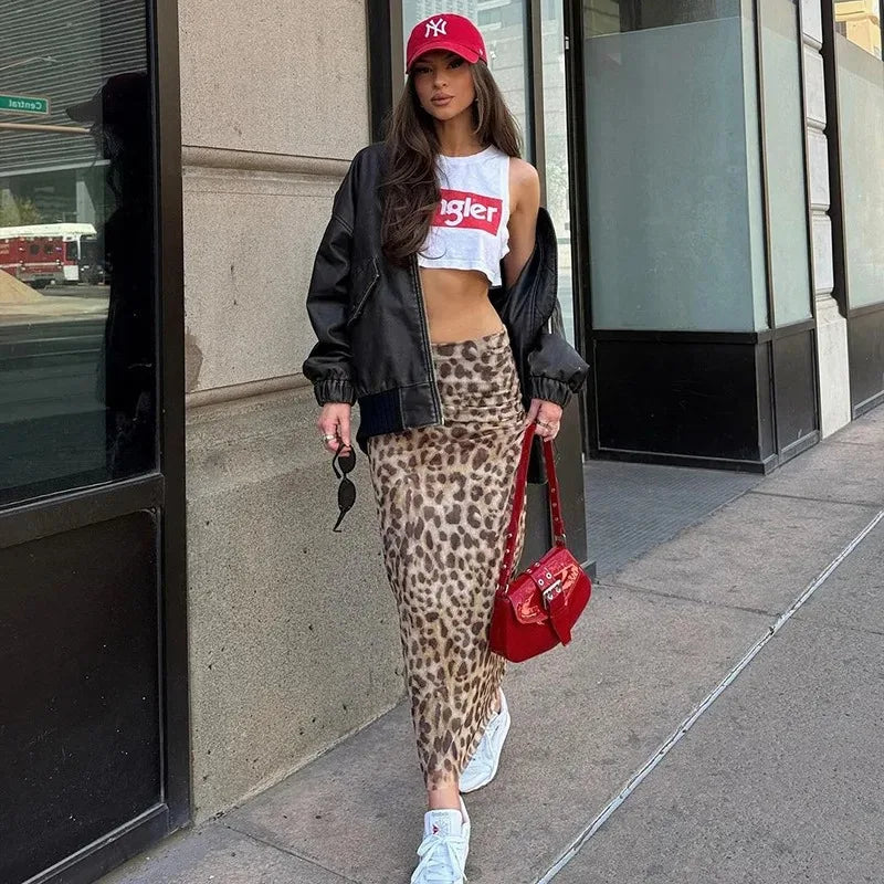 Women's tulle leopard print top shoulder straight neck and leopard print straight skirt summer casual girls two-piece set