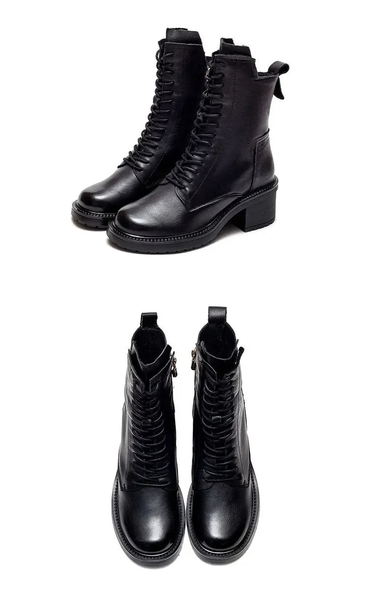 Careaymade 2025 Cow Leather Quality Women Shoes Autumn Winter Square Med Heel Ankle Boots Lace Up Zipper Ladies Pumps Size 35-40