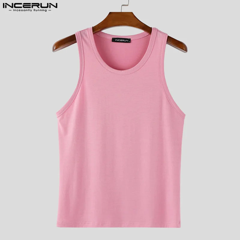 INCERUN Men Tank Tops Solid Color O-neck Sleeveless Casual Male Vests Summer Streetwear 2025 Fashion Skinny Leisure Men Clothing