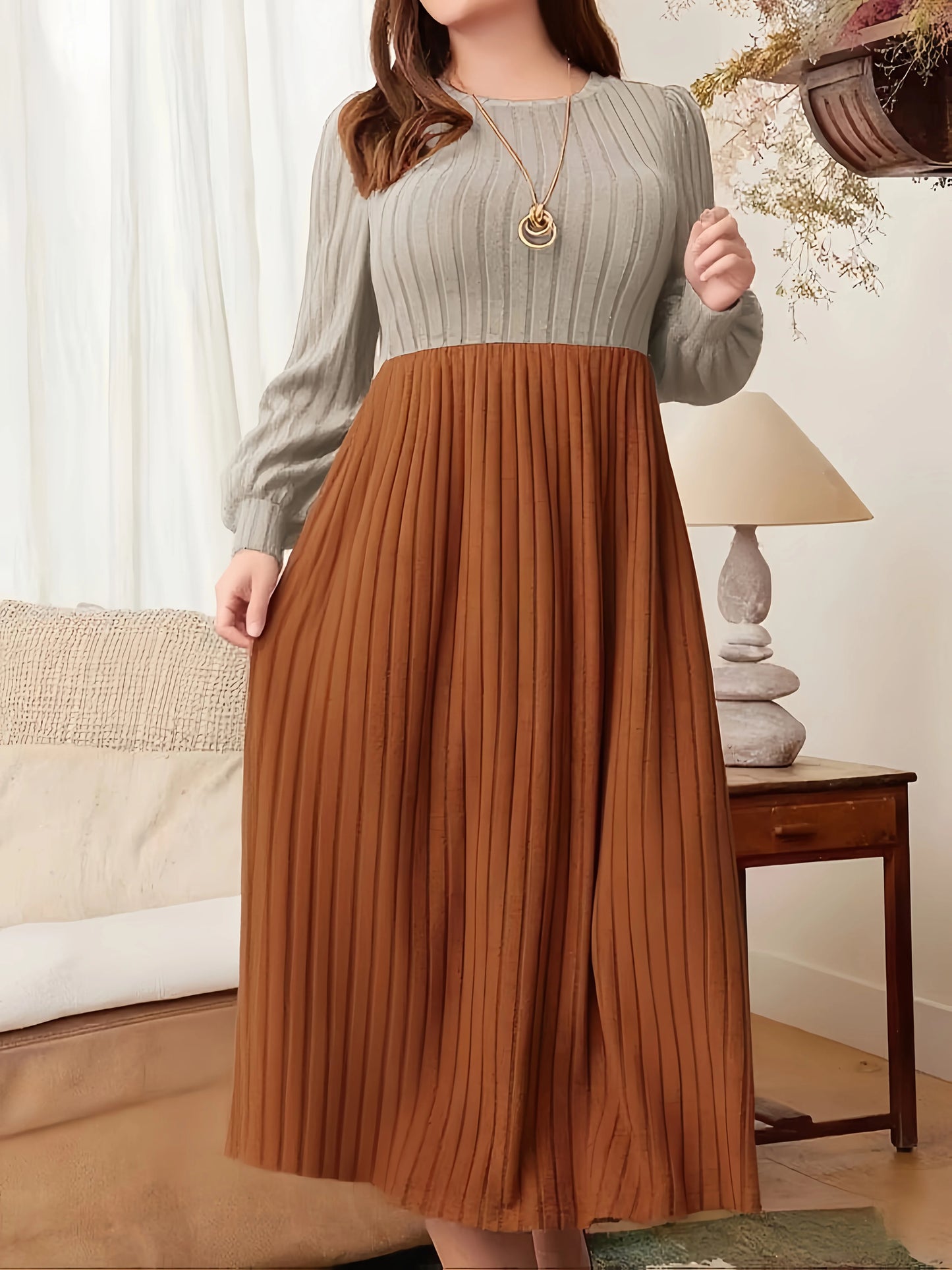 Autumn and winter style large size contrast color stitching long skirt round neck long sleeves slimming and elegant dress
