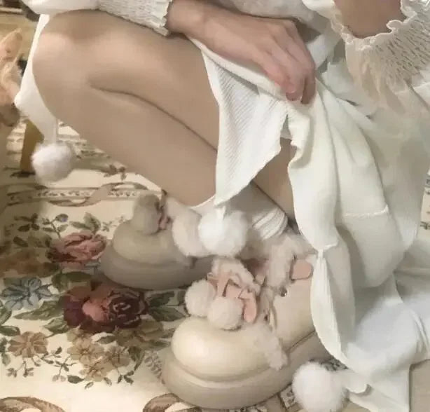Cute Girls Beige Warming Fur Cross Tied Lace Up Ankle Boots Women Fashion Round Toe Flat Winter Snow Boots Shoes Lady