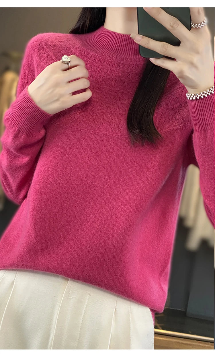 2024 New Line Of Garment Hollowed Out Half Height Women's High-grade Woolen Sweater 100% Pure Wool Multi-color Option WQ