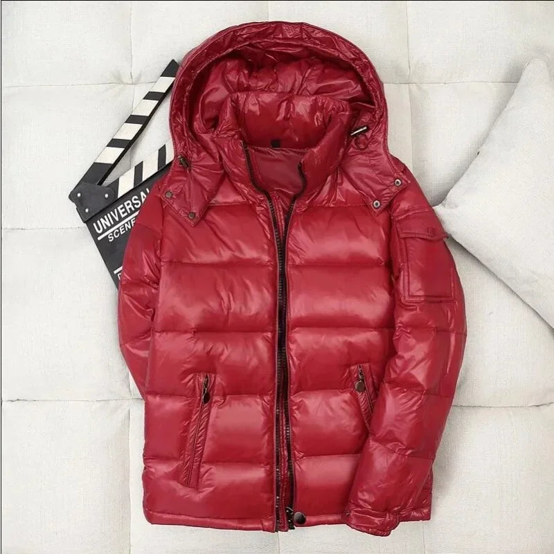 Mens Glossy Parka Casual White Duck Hooded Down Jacket Waterproof Windproof Ski Thick Warm Outwear Men Winter Fashion Shiny Coat