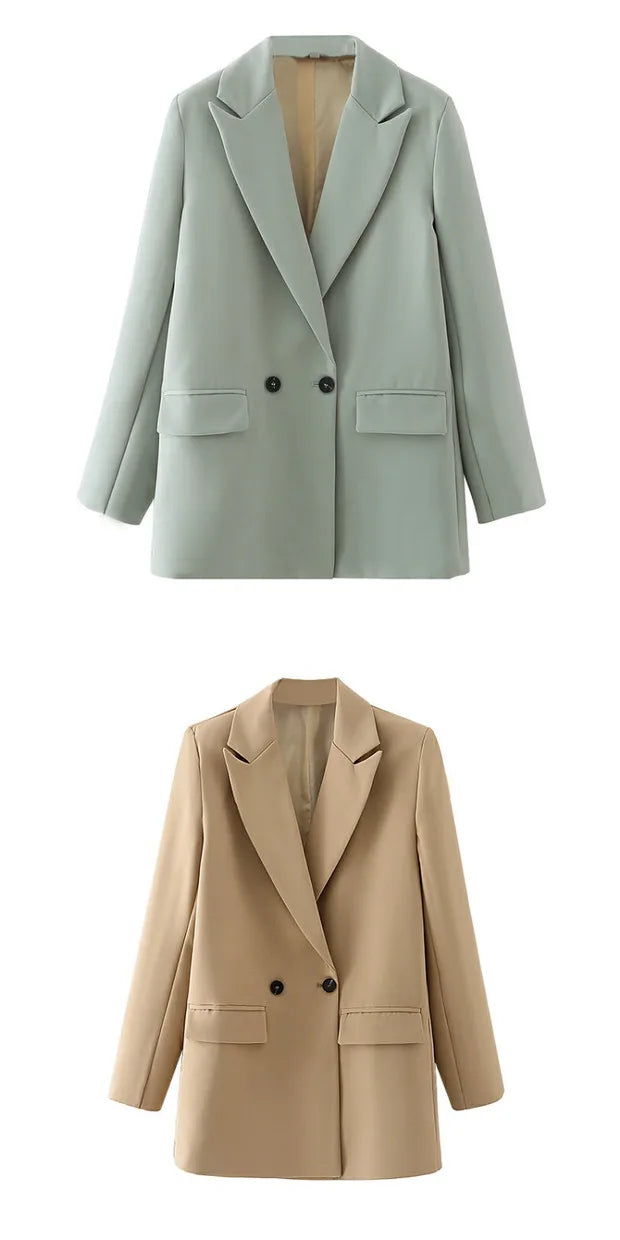 New Women's Double-Breasted Suit Jaet Casual Top 2 Colors Commute Sle Straight Cut Polyester Long Sve Pure Color