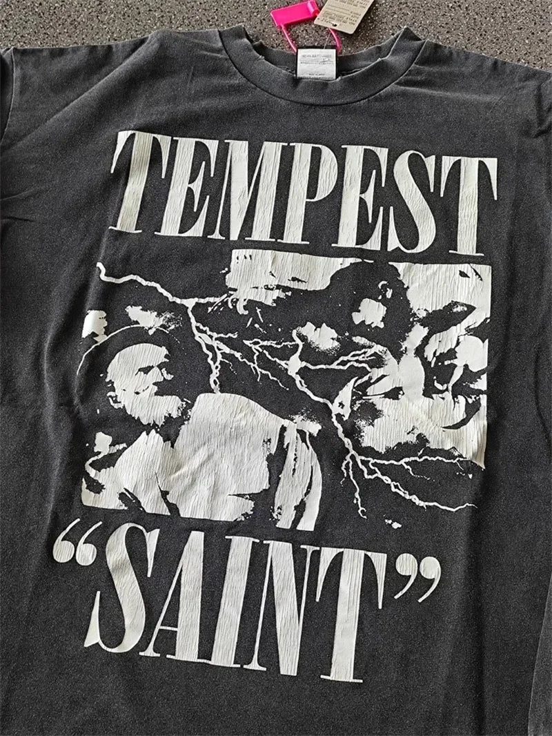 25SS Pure Cotton Saint Michael Long Sleeved T Shirts Men Women 1:1 Washed Black Manga Character Print Hoodies