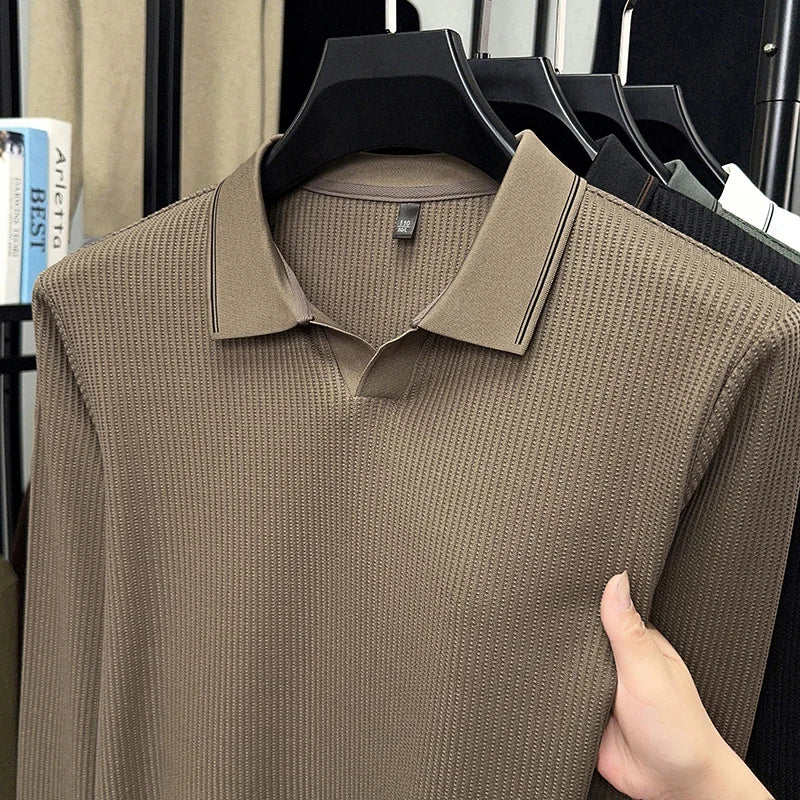 Spring and Autumn men's long sleeved T-shirt, polo shirt, casual trend, casual solid color, V-neck elastic, no heat T-shirt