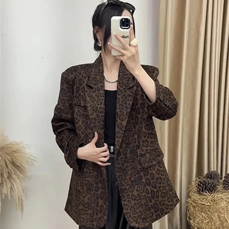 2025 Spring Autumn New Korean Fashion Leopard Print Blazer Women Long Sleeve Suit Coat Female Casual Office Outwear Ladies Tops