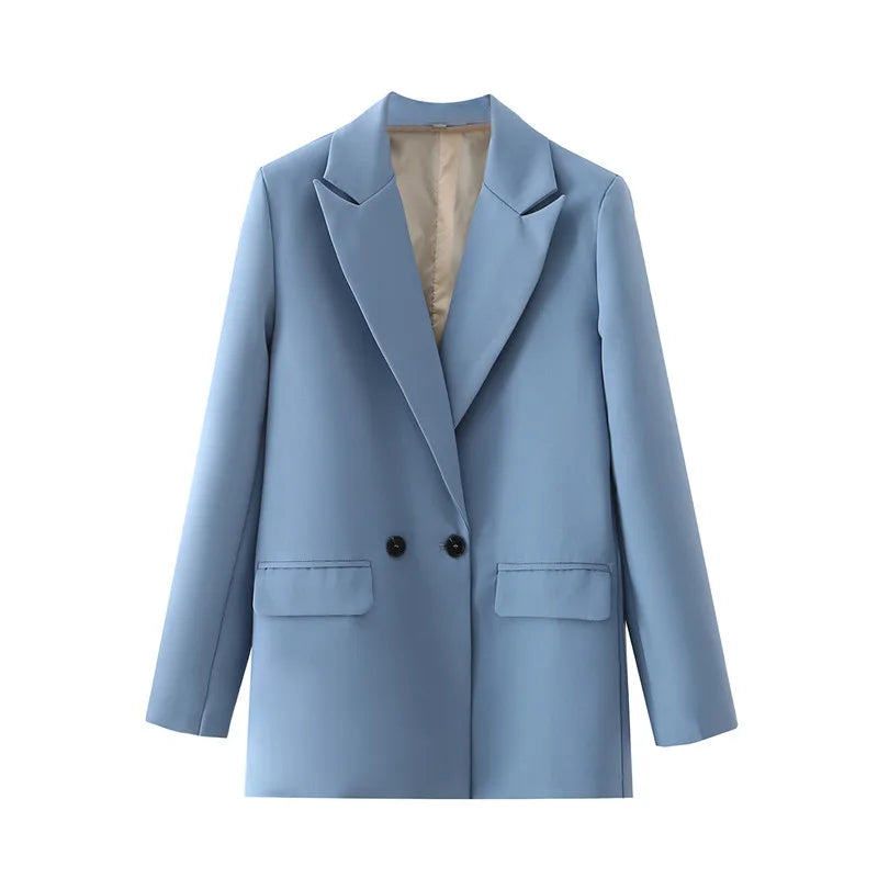 New Women's Double-Breasted Suit Jaet Casual Top 2 Colors Commute Sle Straight Cut Polyester Long Sve Pure Color