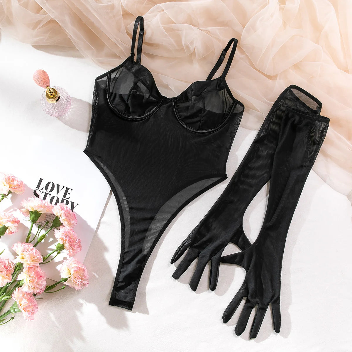 One-piece Bodysuit Women Black Transparent Mesh Patchwork Neck Garter Sexy Bodysuit with Gloves Clubwear Body Femme Jumpsuit