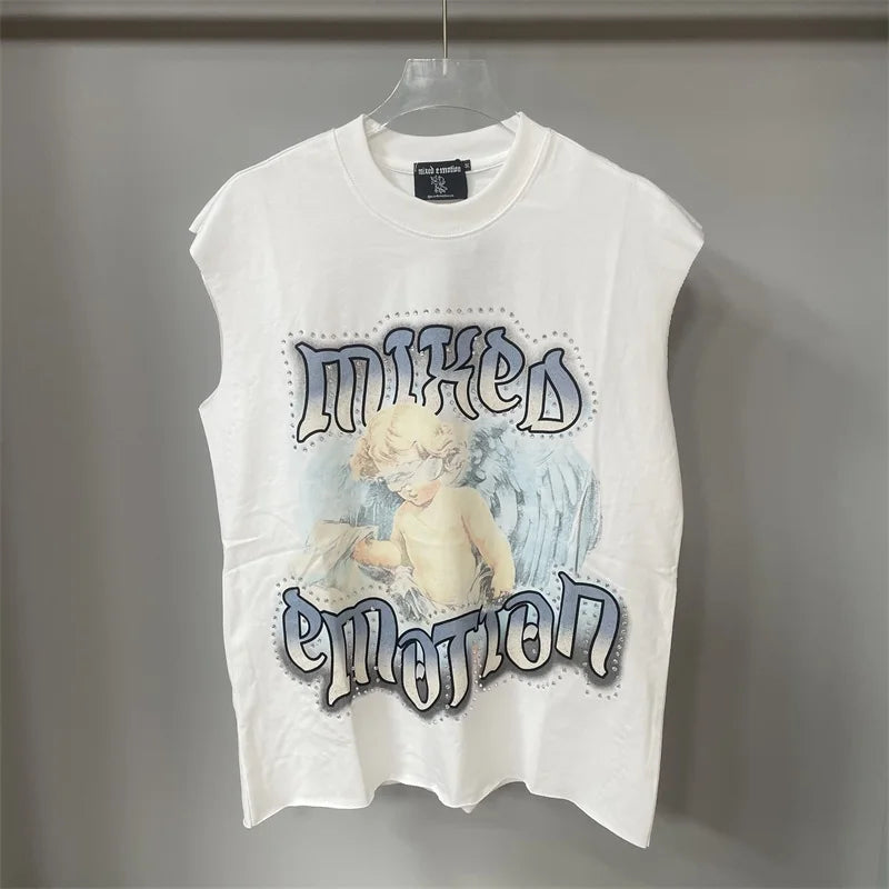 Oversized MIXED EMOTION White T-Shirts Men Women Pure Cotton Casual Red Hot Drill Letters Tshirts