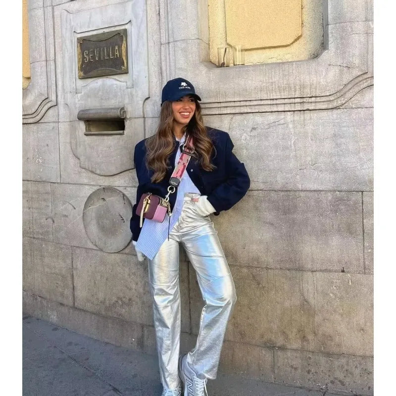 MUJER 2025 Woman Bomber Jacket White Autumn Winter Button Cropped Jackets for Women Fashion Long Sleeve Women Coats Outerwears