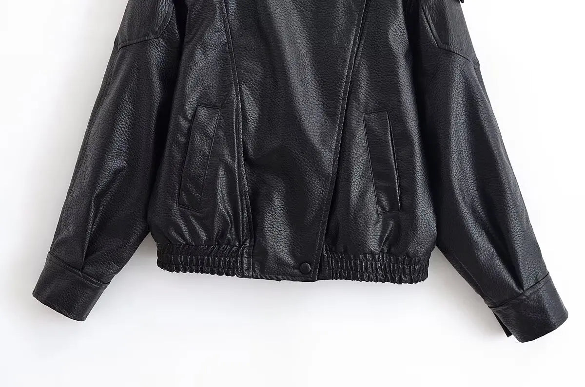 KONDALA Leather Zipper Jacket Women's Fall Winter Standing Collar Faux PU Jacket Coat 2025 Fashion High Street Ladies Y2K Jacket