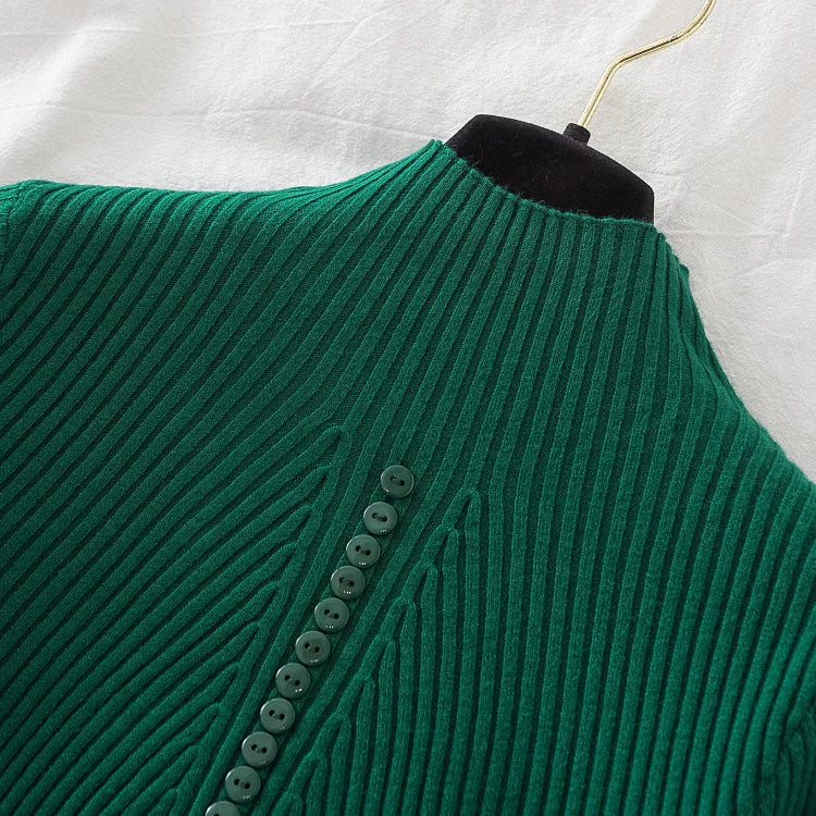 Women Turtleneck Pullovers Autumn Winter Jumper Knitted Basic Top Fashion Solid Color with Button Long Sleeve Ladies Sweater