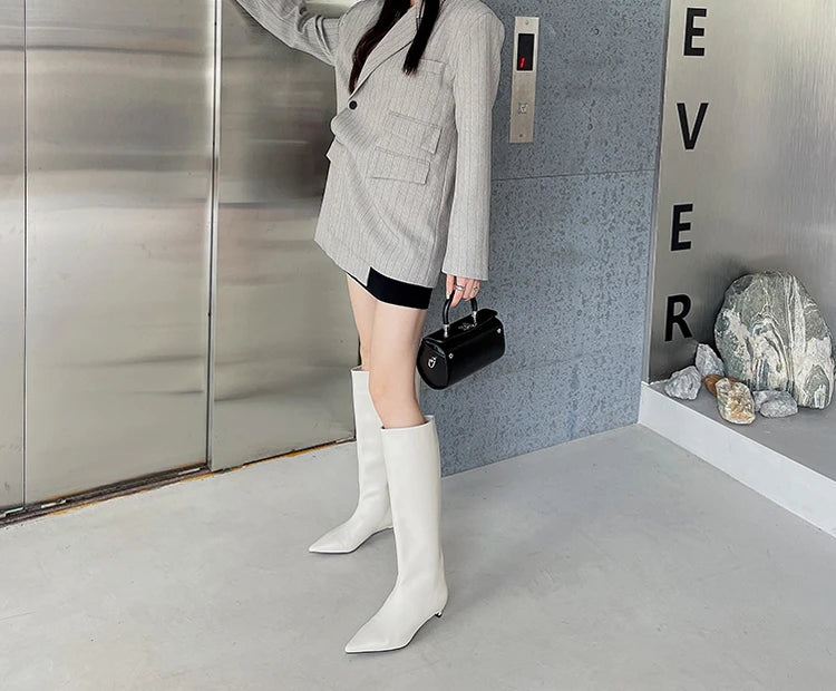 2025 Luxury Knee High Boots Women Wine Red Pointed Toe Kitten Heel Long Boots Wide Tube Bottes Santiags Femme Elegant Shoes