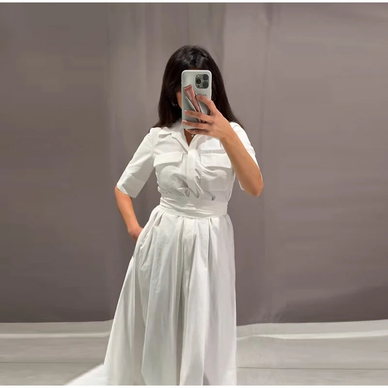 Casual Lapel Shirt Skirt Two Pieces Set Women Single Breasted Long Sleeve Top A-line Pleated Shirts 2025 Autumn Lady Solid Suit