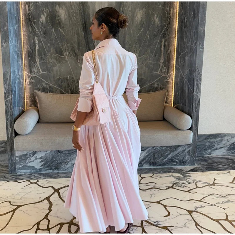 Casual Lapel Shirt Skirt Two Pieces Set Women Single Breasted Long Sleeve Top A-line Pleated Shirts 2025 Autumn Lady Solid Suit