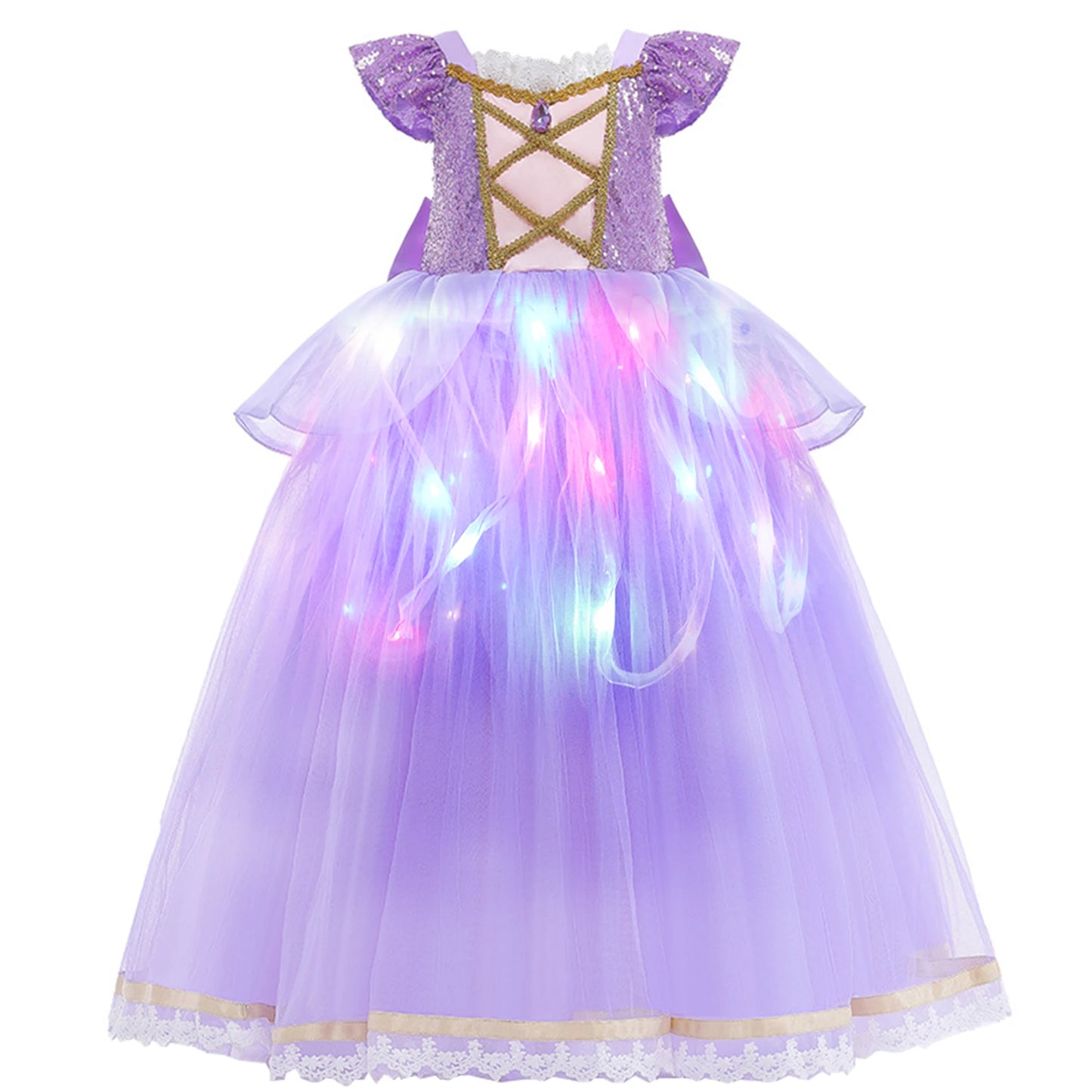 Girls Princess Costume Purple Rapunzel LED Light Up 2PCS Dress Fancy Birthday Carnival Party Elegant Children Clothing Halloween