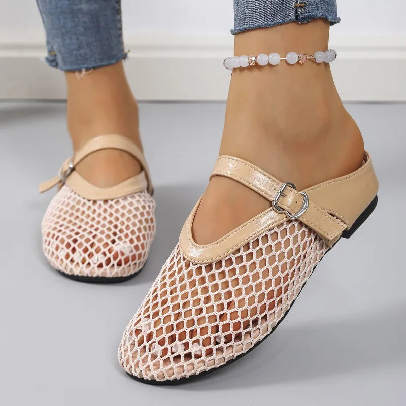 Fishnet Ballet Flats Women Fashion Brand Design Hollow Loafers Mary Jane Shoes Breathable Women Summer Sandals Sandalias Mujer