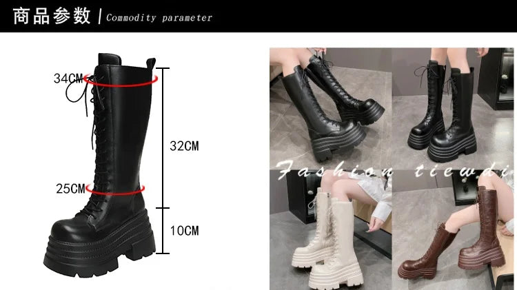 New Women's Roman Long Boots Autumn Winter Knee-high Leather Punk Shoes Chunky Platform Casual Knight Boots Botas Mujer 10CM