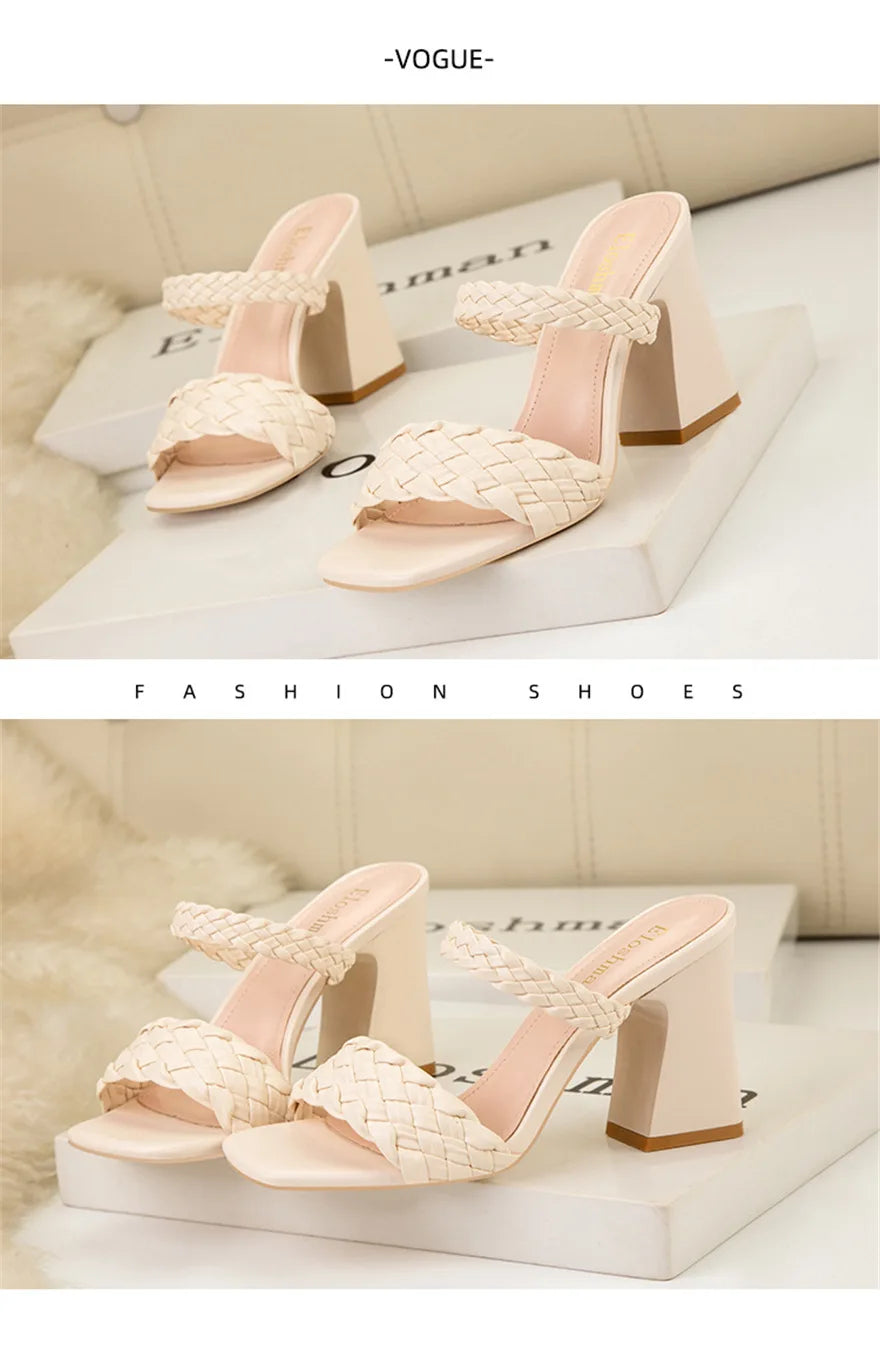 Fashion Weave Thick Heel Women's Slippers Square Toe Summer Casual Ladies Slides Red Orange Shoes Slip On Beach Sexy Pumps Woman