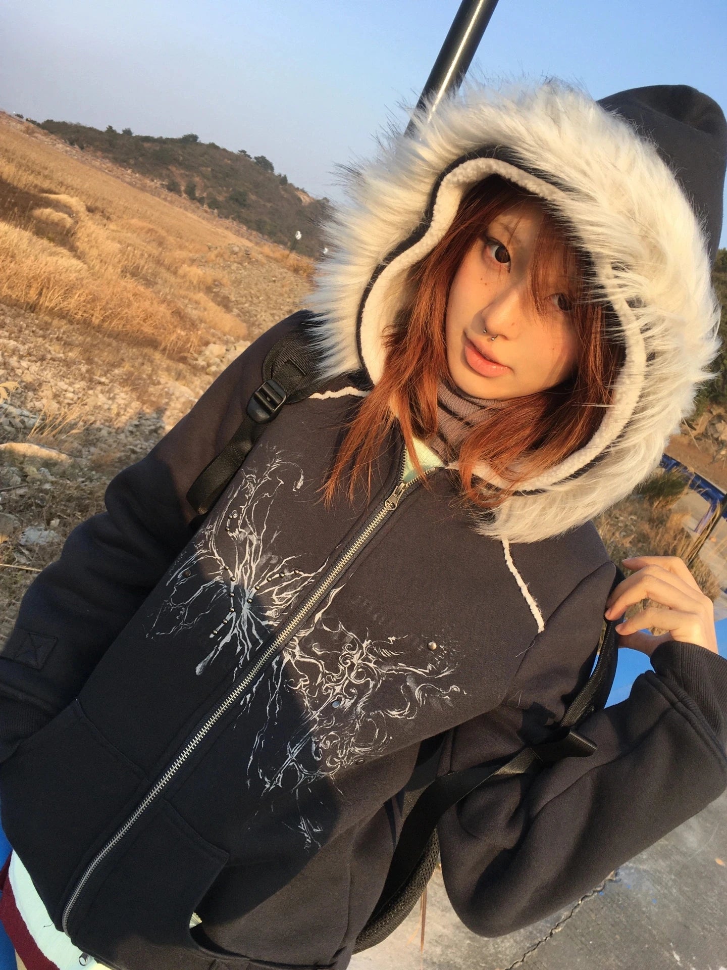 Karrram Japanese Y2k Fur Hooded Coat Grunge Aesthetics Tattoo Print Jacket Vintage Harajuku Double Zipper Outerwear Trashy 2000s