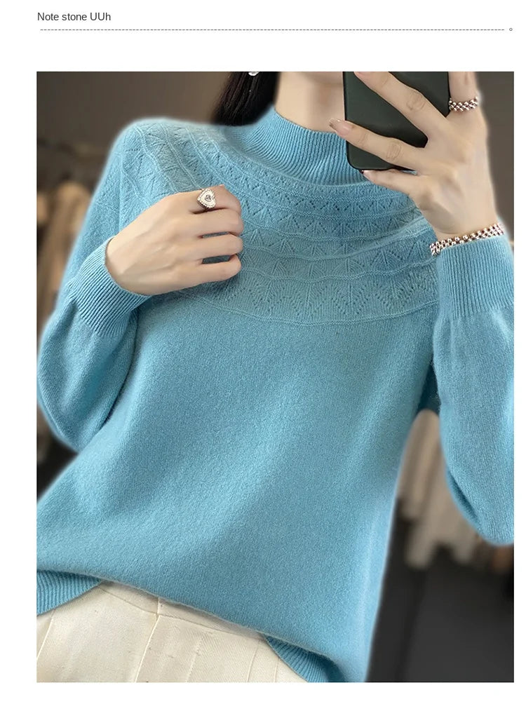 2024 New Line Of Garment Hollowed Out Half Height Women's High-grade Woolen Sweater 100% Pure Wool Multi-color Option WQ