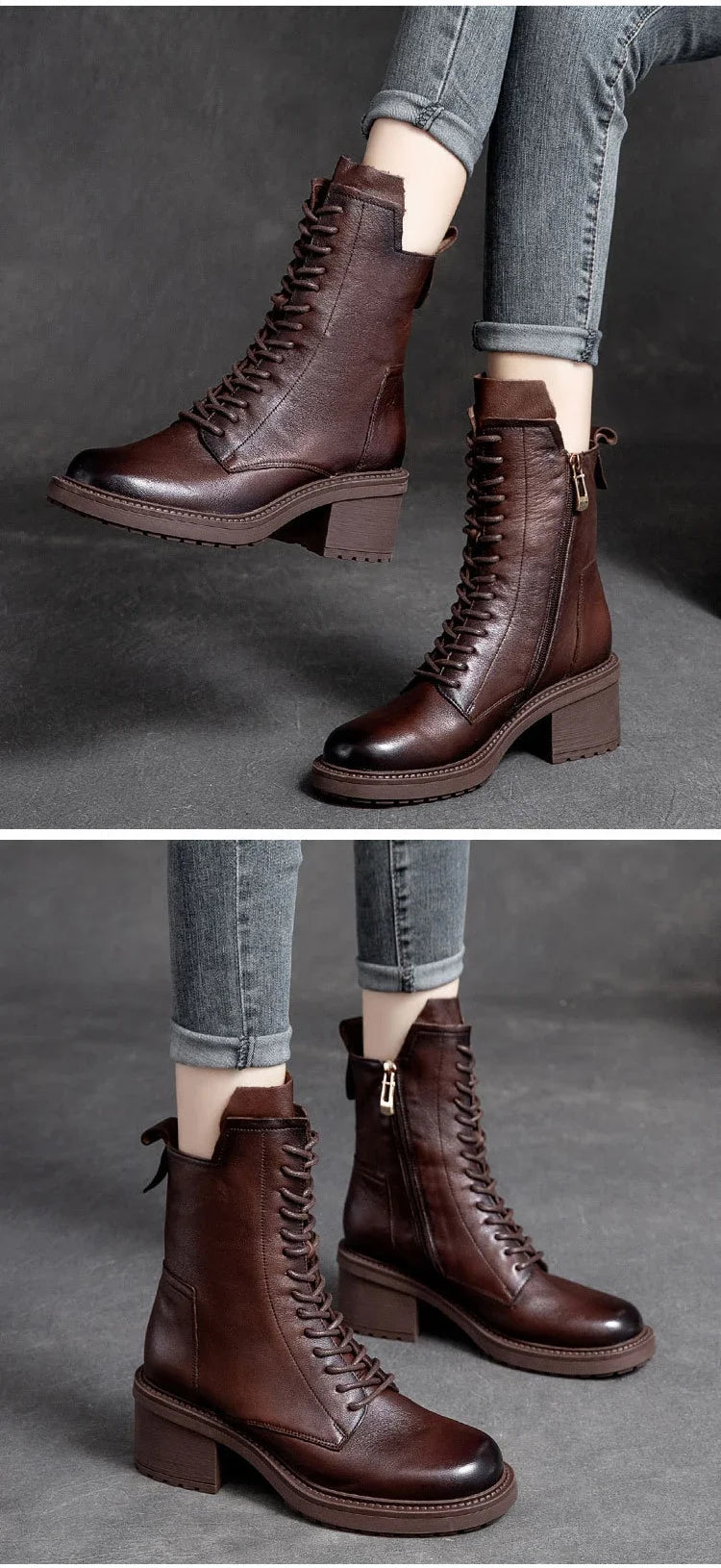 Careaymade 2025 Cow Leather Quality Women Shoes Autumn Winter Square Med Heel Ankle Boots Lace Up Zipper Ladies Pumps Size 35-40