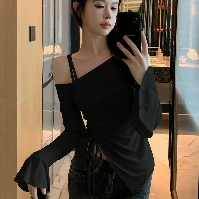 Women Spring Autumn Cotton Flare Sleeve T Shirts Solid Bodycone Basic Long Sleeve Crop Tops Casual Shirring Off-shoulder Tees