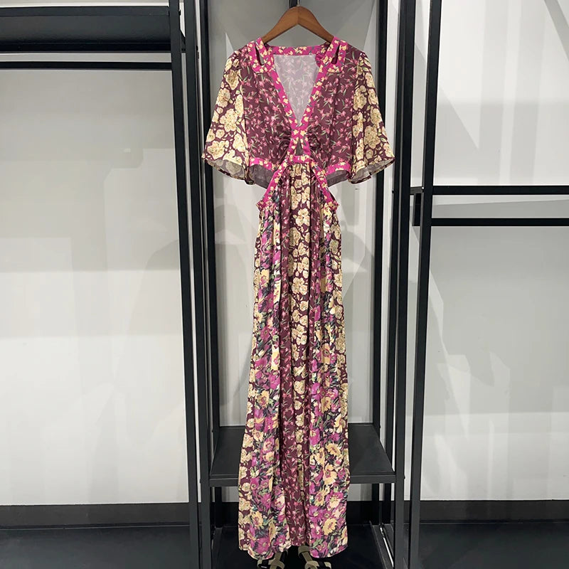 Waist Hollow out Women's Long Dress Deep V Short Sleeve 2025 Summer Lady Floral Printed Robe