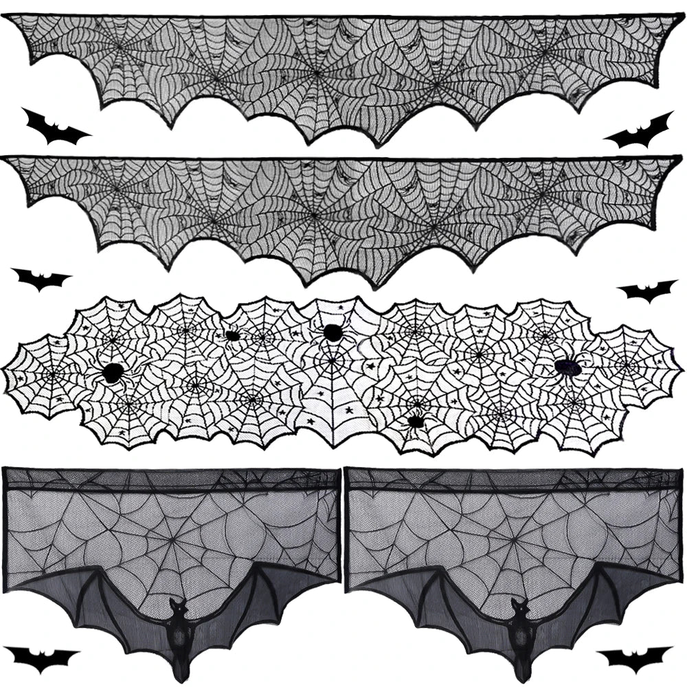 Hallowen Bat Spider Web Table Runner Door Curtain Lace Cobweb Fireplace Cover Lampshade Perfect for Gothic Halloween Decoration