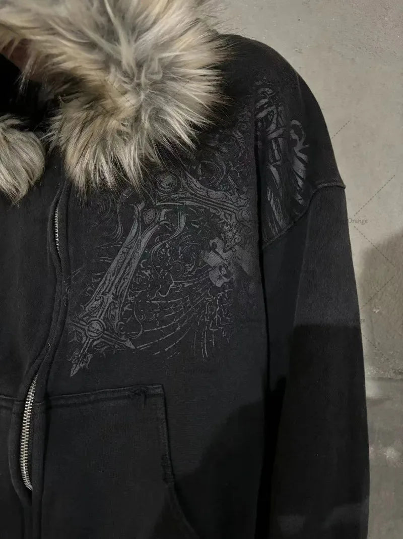 Gothic Harajuku Retro Skull Zipper Hoodie Men Streetwear Y2K Fur Collar Jacket Trendy Hip Hop Casual Oversized Sweatshirt Women