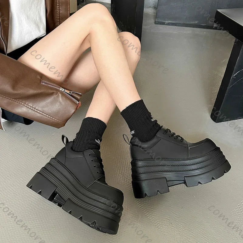Thick Bottom Fashion Women Pumps Spring Autumn New Height Increase Black Lace Loafers Female High Heels Shoes