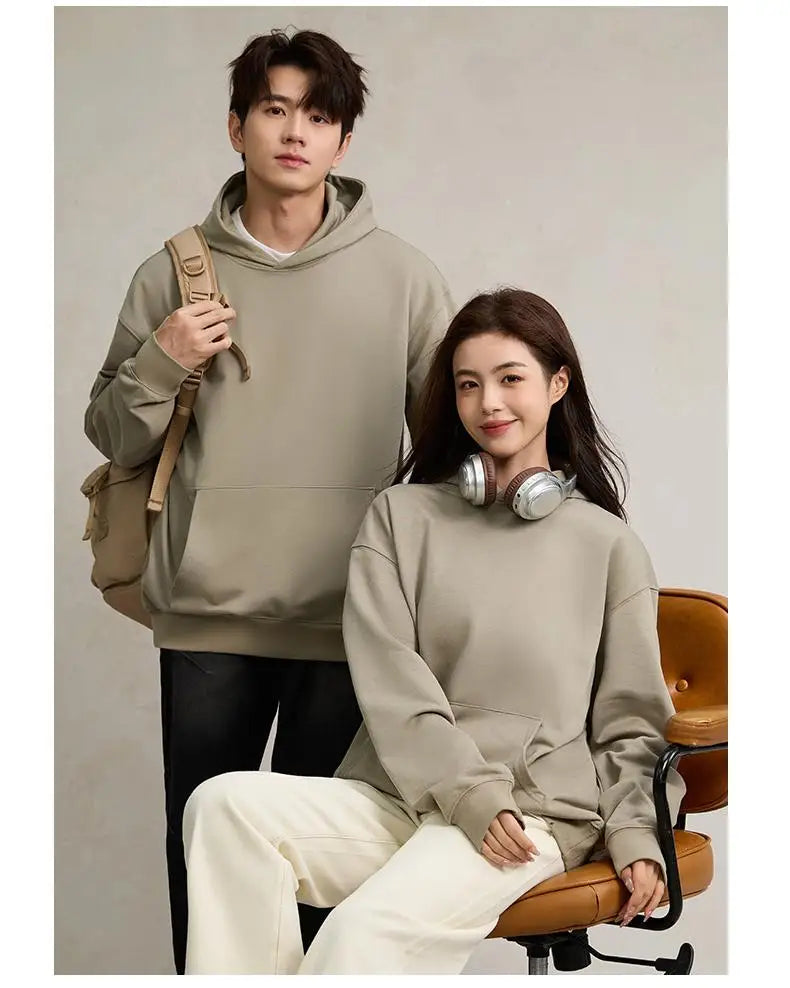 750g Terry Hooded Sweatshirt Autumn Winter Style Drop Shoulder Loose Trendy Pullover Hoodie Casual Solid Color Jacket Unisex
