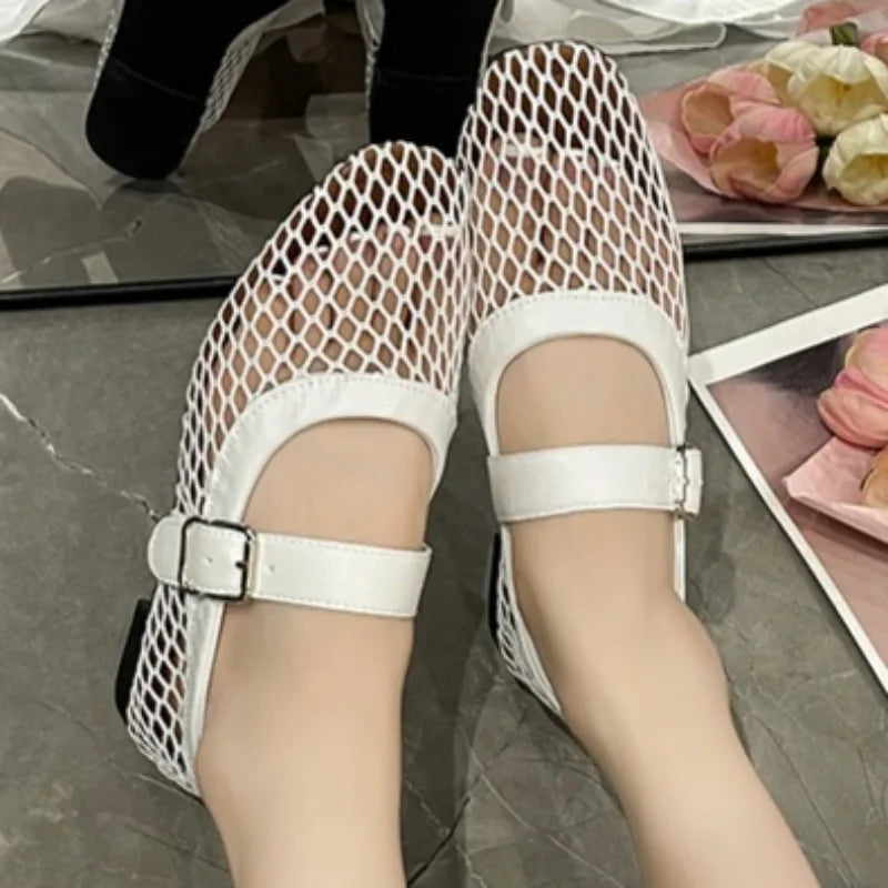 Fishnet Ballet Flats Women Fashion Brand Design Hollow Loafers Mary Jane Shoes Breathable Women Summer Sandals Sandalias Mujer