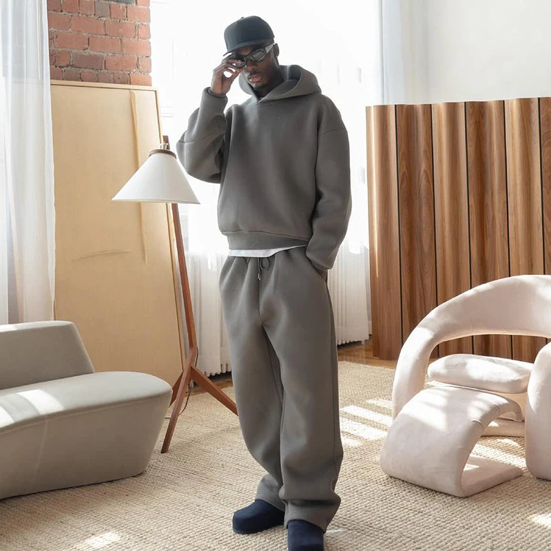 Casual Solid Hooded Pullover Straight Pants 2 Piece Set Tracksuit For Male Fashion Loose Hoodies Sweatshirt Wide Leg Sweatpants