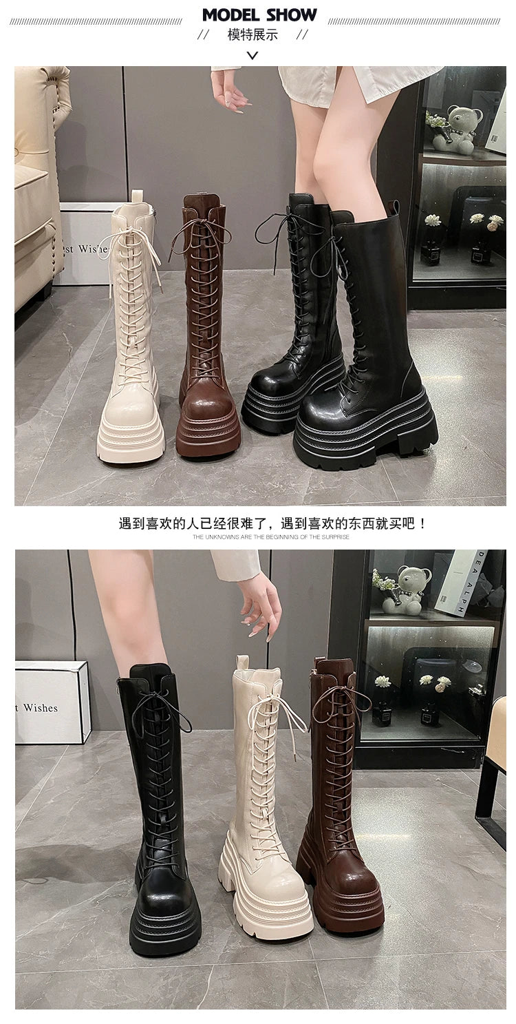 New Women's Roman Long Boots Autumn Winter Knee-high Leather Punk Shoes Chunky Platform Casual Knight Boots Botas Mujer 10CM