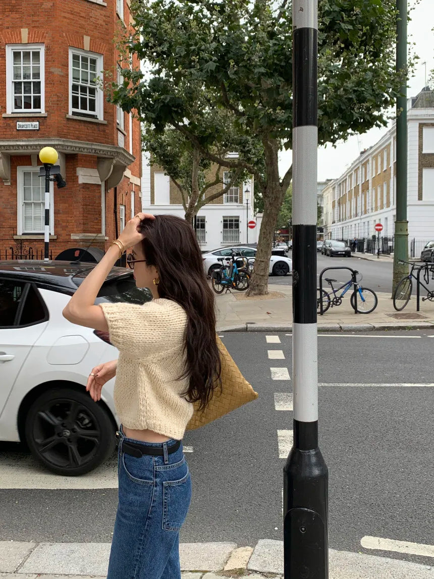 Chic Vintage Heavyweight Knitted Loose ort Sve Striped Sweater for Women Summer Collection oulder Sve