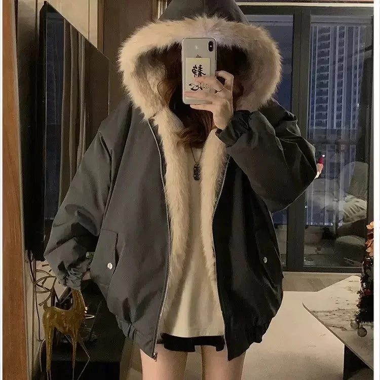 Double-Sided Warm Fur Coat Women Autumn Winter Loose Thicken Plush Cotton Coat 2025 New Women Hooded Imitation Mink Fur Outwear