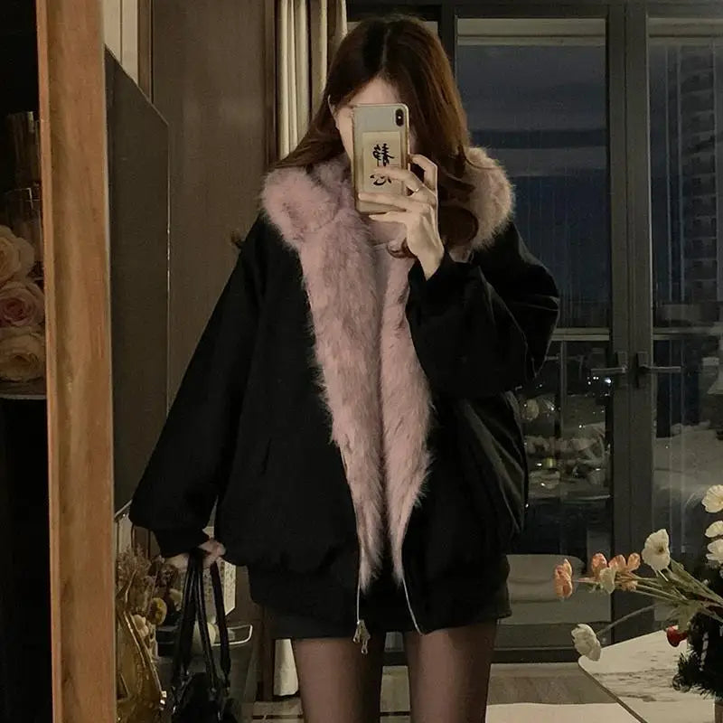 Double-Sided Warm Fur Coat Women Autumn Winter Loose Thicken Plush Cotton Coat 2025 New Women Hooded Imitation Mink Fur Outwear