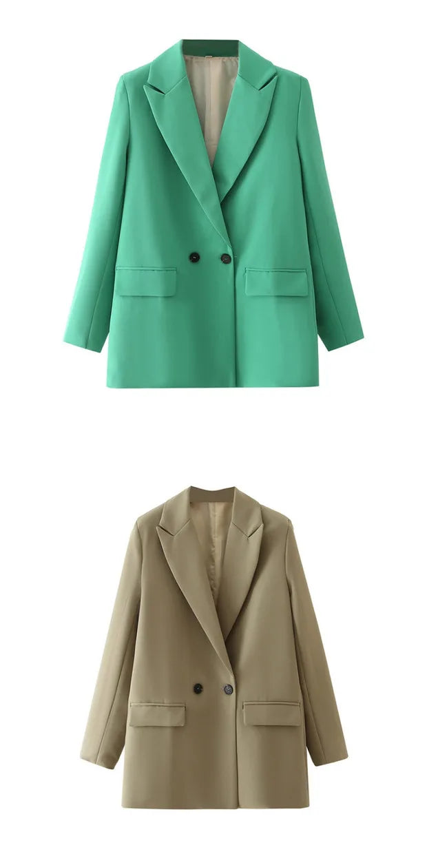 New Women's Double-Breasted Suit Jaet Casual Top 2 Colors Commute Sle Straight Cut Polyester Long Sve Pure Color