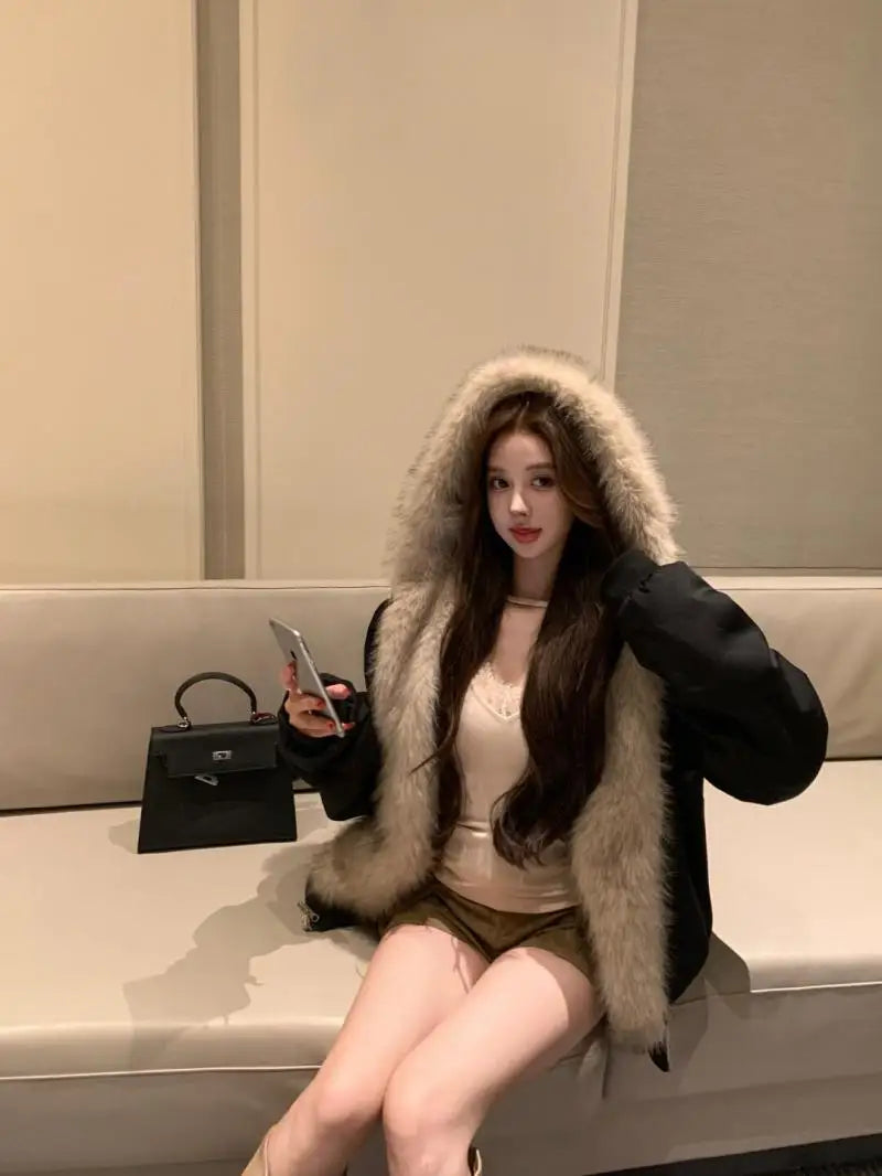 Double-Sided Warm Fur Coat Women Autumn Winter Loose Thicken Plush Cotton Coat 2025 New Women Hooded Imitation Mink Fur Outwear