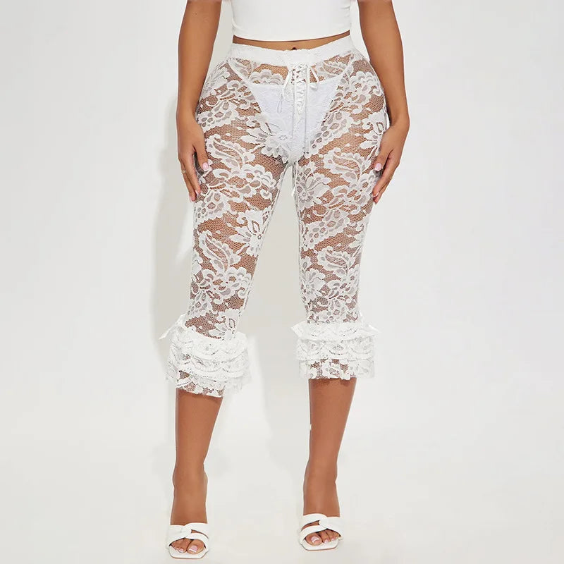 CM.YAYA Women Fashion Sexy Party Clubwear Lace Floral See Though Cascading Ruffles Hem Flare Lace Up Pants Capris 2025 Trousers