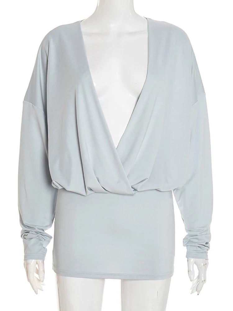 Beyprern Casual Womens Long Sleeve Draped Front Slim Short Dress Vacation Outfits Chic Ruched Night Out Vestidos Clubwear Robes