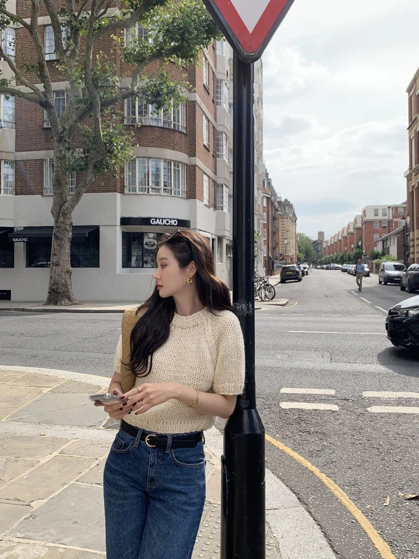 Chic Vintage Heavyweight Knitted Loose ort Sve Striped Sweater for Women Summer Collection oulder Sve