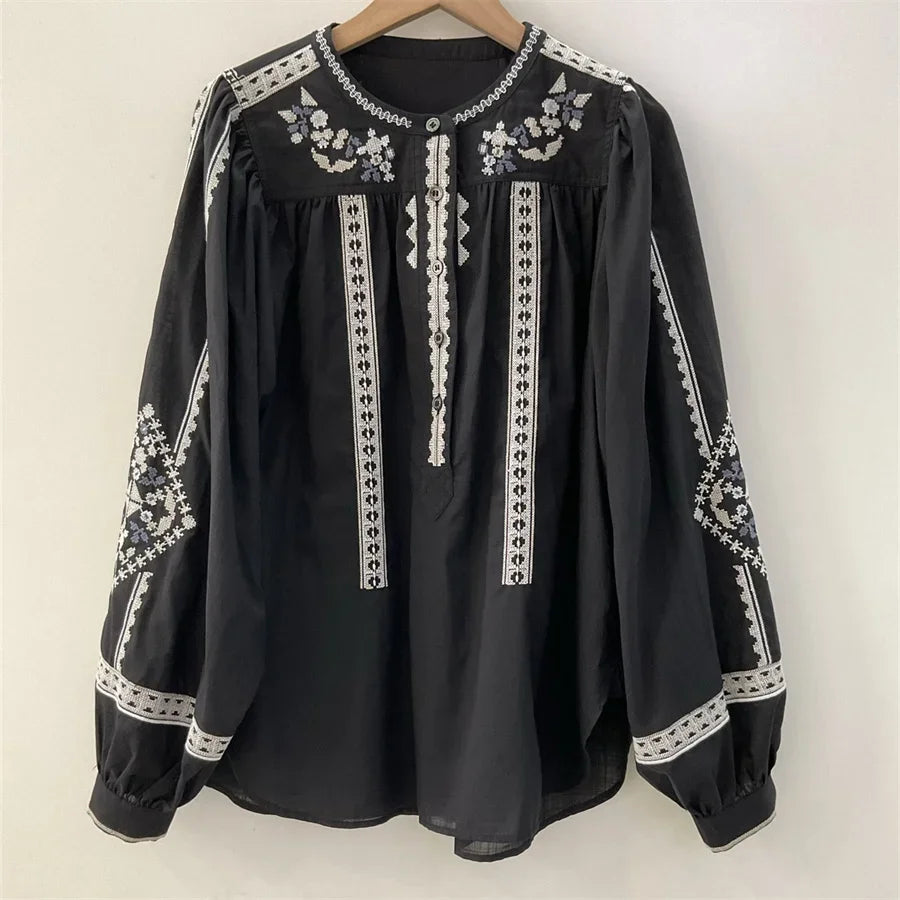 Women White Green Black Shirt Embroidery 100% Cotton Vintage Long Lantern Sleeve Front Buttons Lady O-neck Blouse 2025 Spring