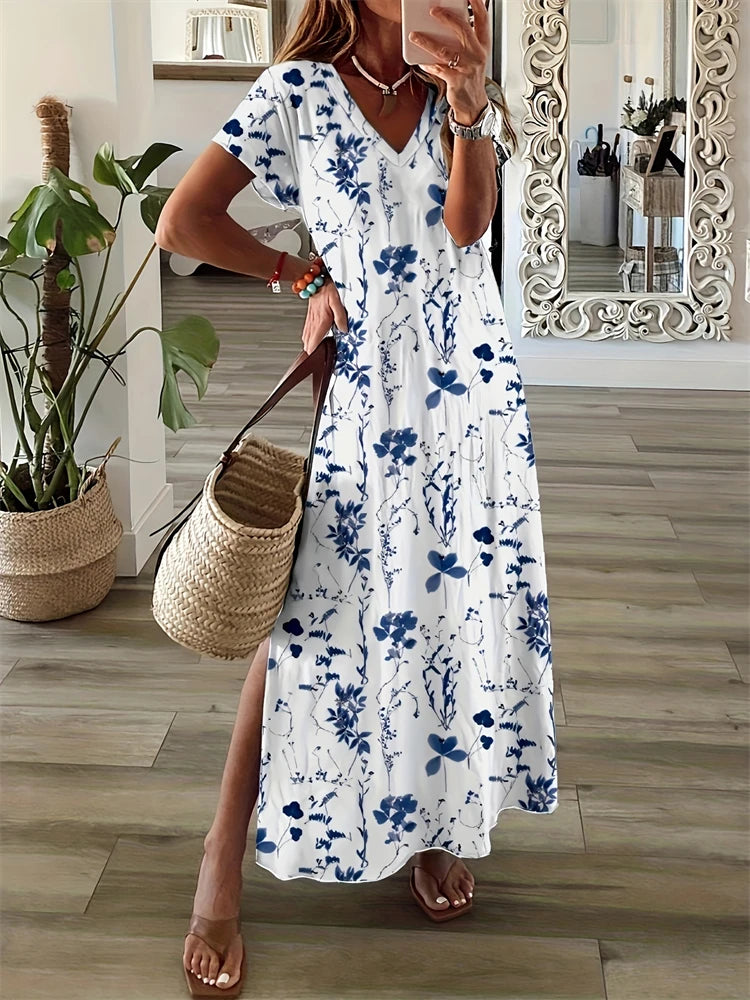 New 2025 Summer Women's Dresses Patchwork Geometric Printing Casual Temperament Dresses Fashion Beach Short Sleeve Dresses