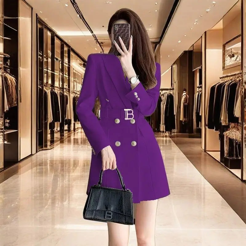 2025 New Spring Autumn Chic Casual Outwear Jacket Outwear Women's Belt Medium Long Double Row Long Sleeve Professional Suit Tops