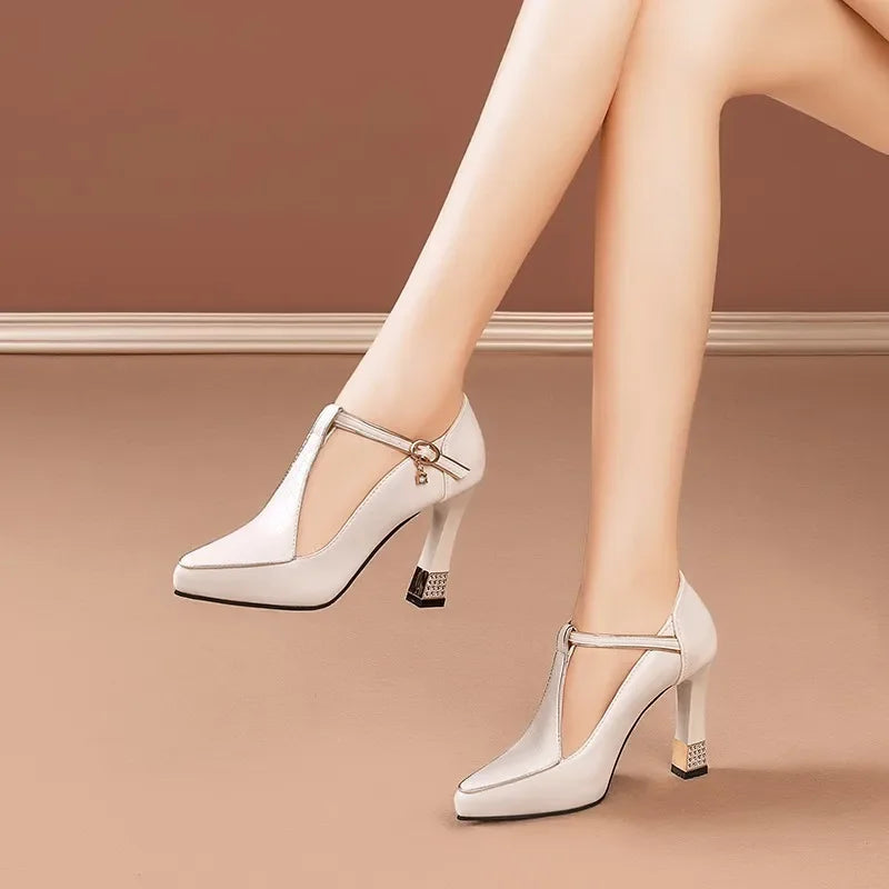 2024 Spring Vintage Fashion Women's Pointed Toe Shallow Sole One-Piece Buckle Mary Sandals High Heels Polyurethane Leather