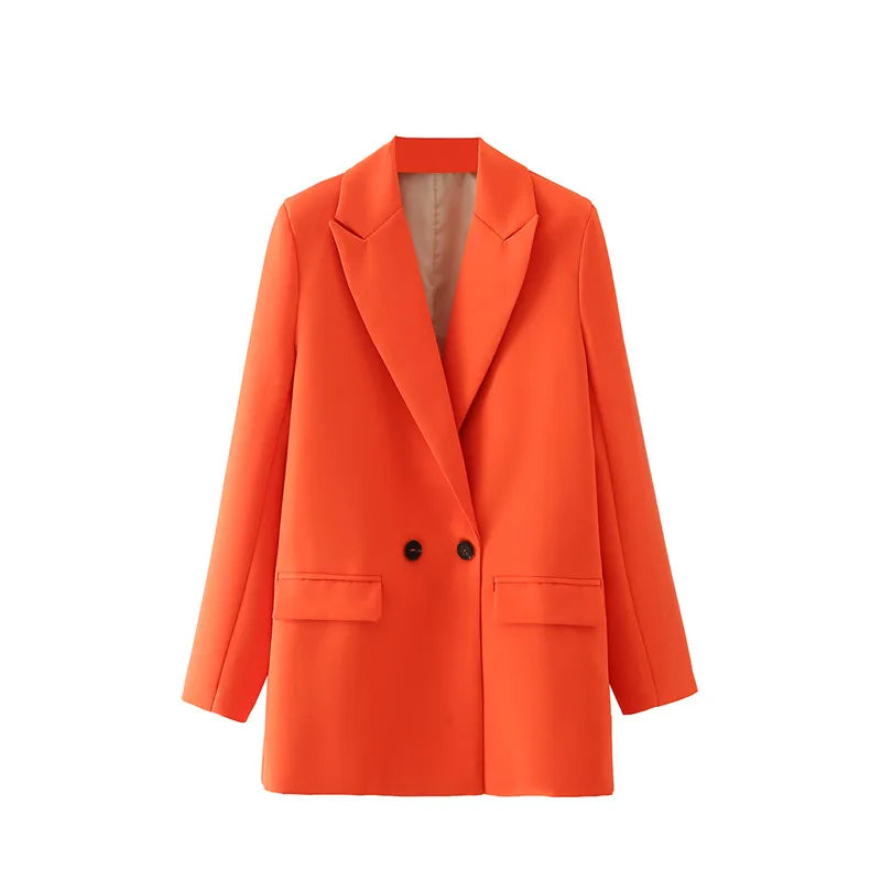 New Women's Double-Breasted Suit Jaet Casual Top 2 Colors Commute Sle Straight Cut Polyester Long Sve Pure Color