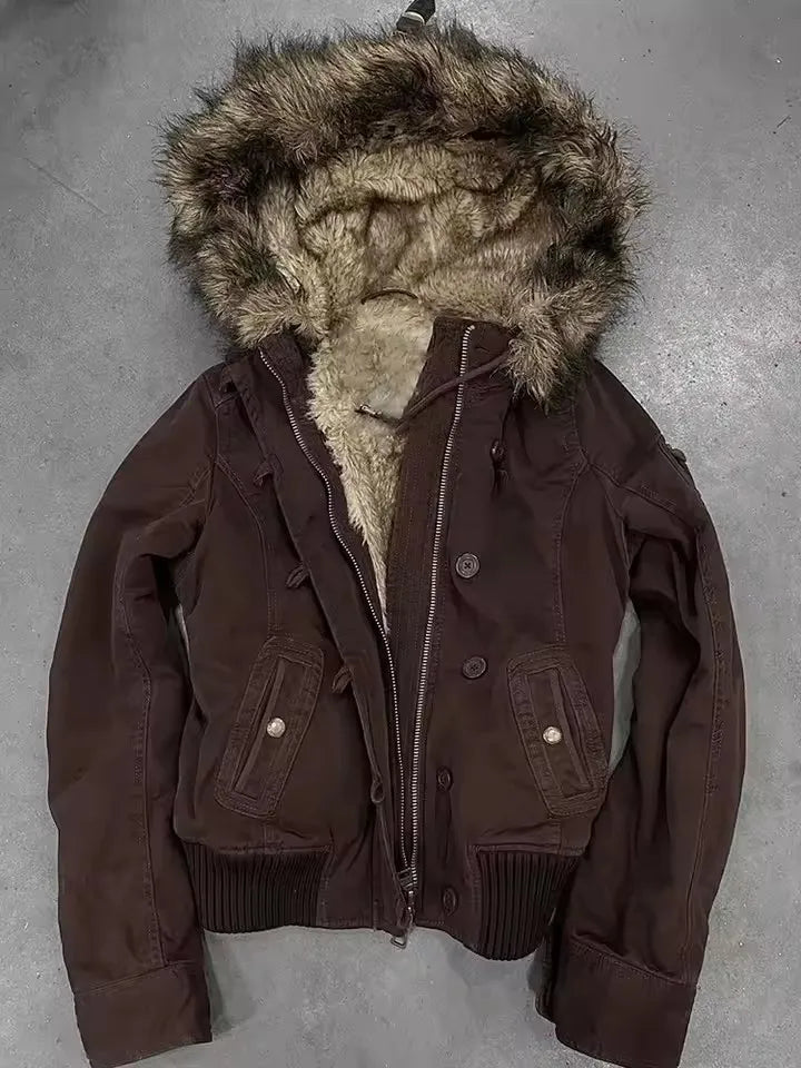 American Vintage Y2K Fur Lined Bomber Jacket Womens Brown Hooded Coat with Faux Fur Trim and Ribbed Cuffs Fashionable and Casual